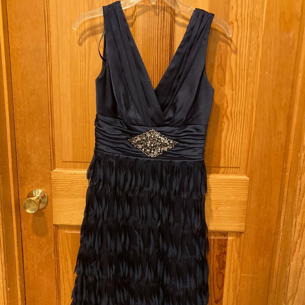 Elegant Beaded Waist & Tiered Navy Cocktail Dress – Hailey's Adrianna Papell